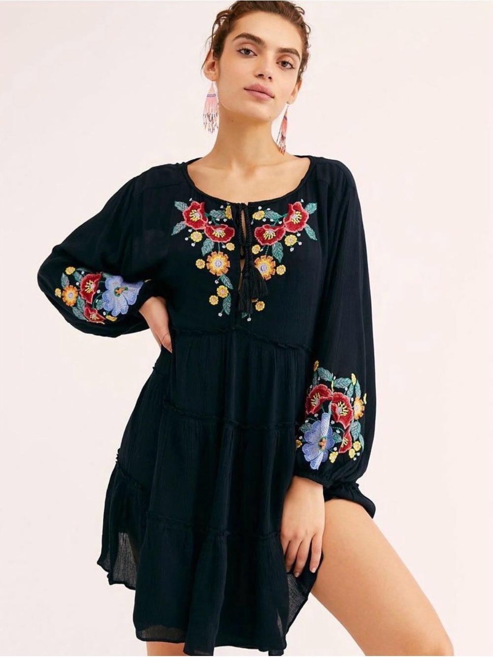 Free People Black Boho Embroidered Tunic Dress